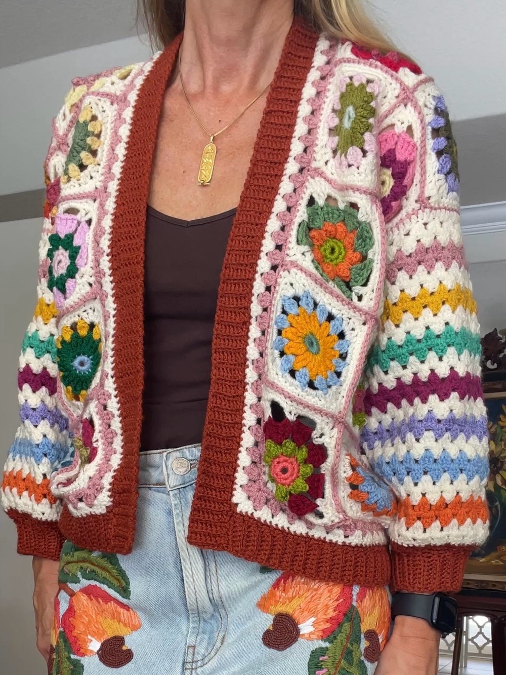 Multicolor Crochet Granny Square Cardigan Sweater - Cream Base with Rust Trim - Picture 4 of 5